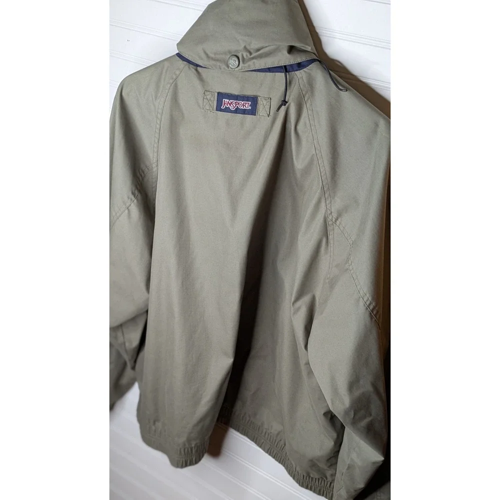 VINTAGE Jansport Windbreaker Jacket Mens Large Hidden Hood Full Zip Snaps Button